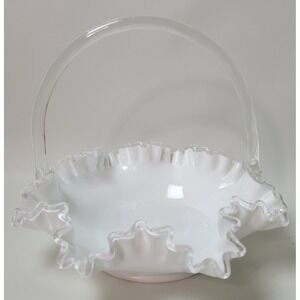 Vintage Fenton Milk Glass Silver Crest Ruffled Edge Clear Handle Basket